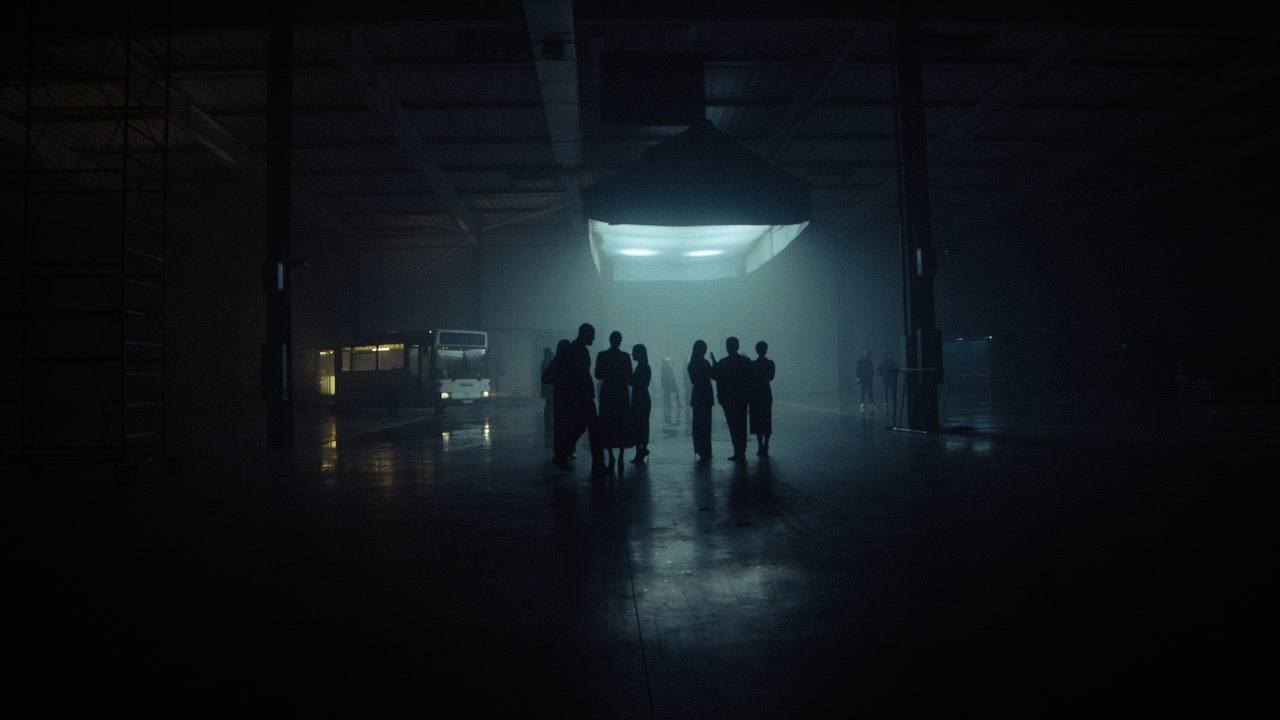 Silhouettes of the cast under a huge softbox in a dark warehouse set, a bus in the background