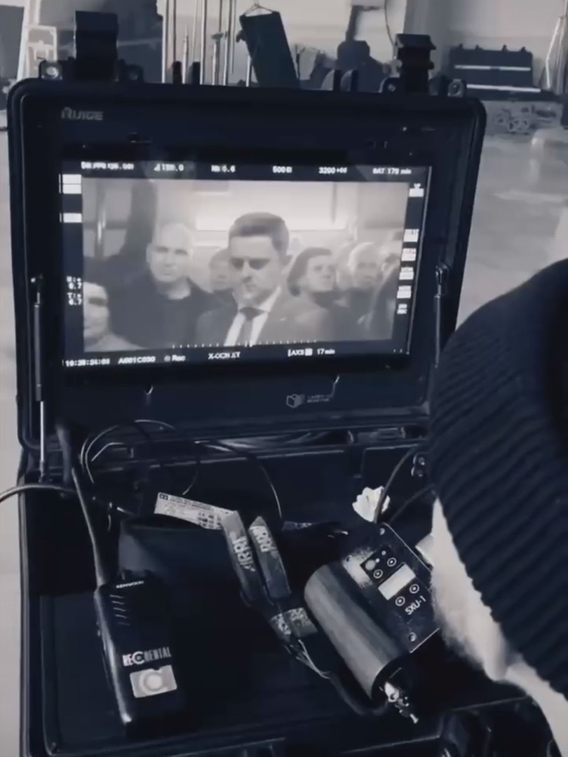 Black and white playback on a field monitor during a commercial shoot