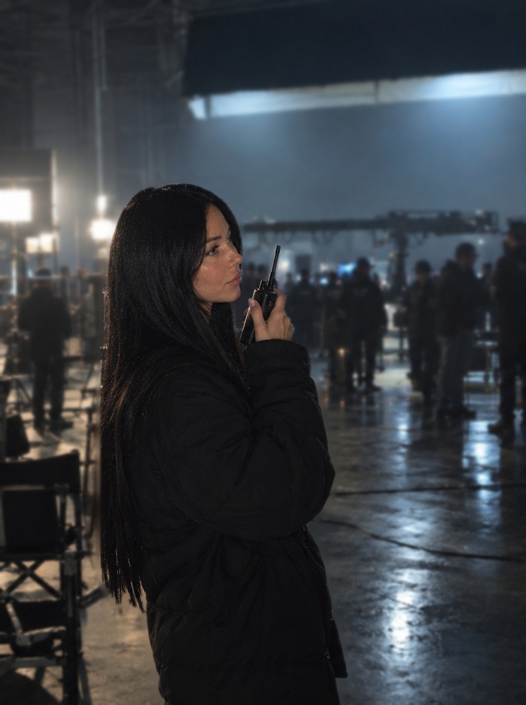 Yana Holynska with a walkie-talkie on a film set, camera crane and crew in the haze behind her